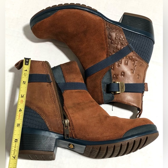 Keen Brown Suede Ankle Booties with Navy Strap Detail - Picture 8 of 11